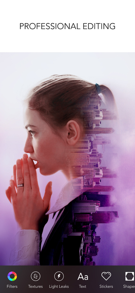 Interfaccia di editing professionale dell'app Rookie Cam con effetto doppia esposizione e icone degli strumenti