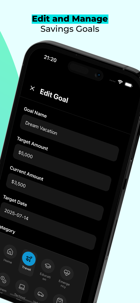 Goal Getters: Money Save Track - A mobile app screen showing the edit interface for a dream vacation savings goal with target amount and date.