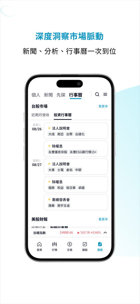 富邦 AI PRO - Una captura de pantalla de la aplicación móvil Fubon AI PRO que muestra un calendario de inversión detallado con noticias y análisis del mercado.