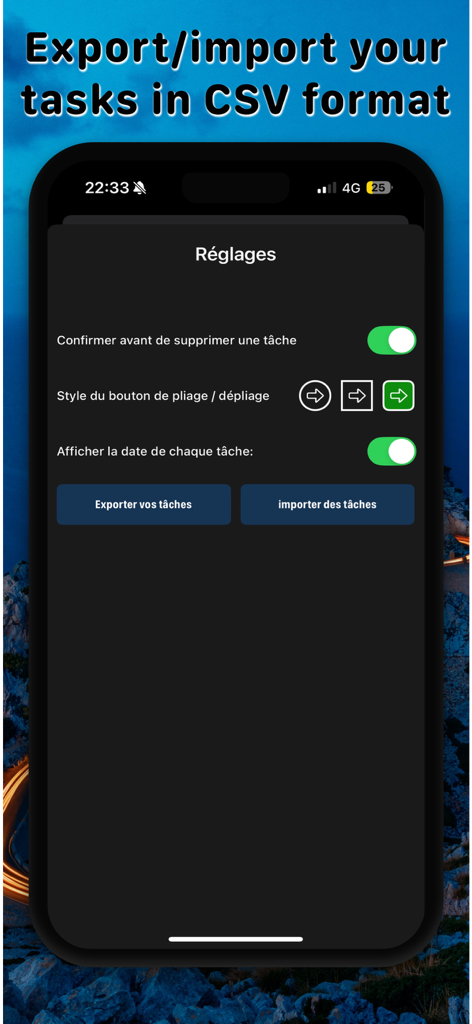 Écran des paramètres de Gestionnaire de tâches : Suivi des progrès montrant les options d'exportation et d'importation CSV pour la gestion des tâches.