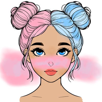 realistic girl with two buns on top of her head