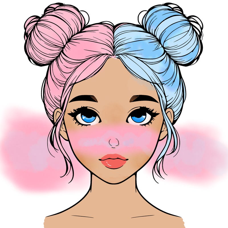 realistic girl with two buns on top of her head