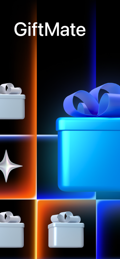 GiftMate - GiftMate app splash screen featuring 3D gift boxes and a star on a vibrant background