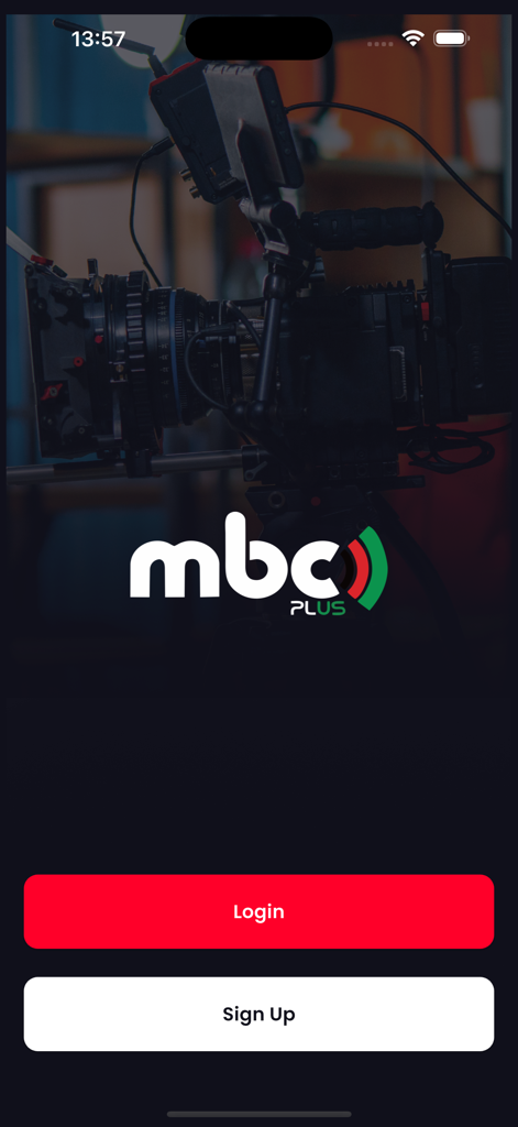 MBC Plus - Pantalla de inicio de la aplicación MBC Plus con botones de inicio de sesión y registro