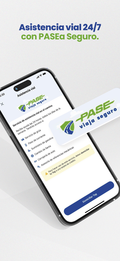 PASE - PASE app 24/7 roadside assistance screen showing services like towing and fuel delivery
