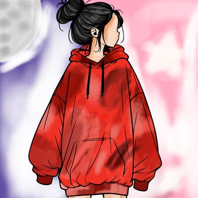 realistic girl with a oversized sweatshirt on and a bun