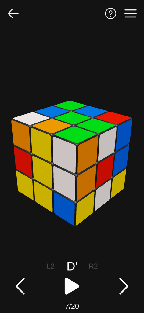 3x3 퍼즐을 위한 단계별 회전 지침과 알고리즘을 보여주는 3D 매직큐브 솔버 인터페이스