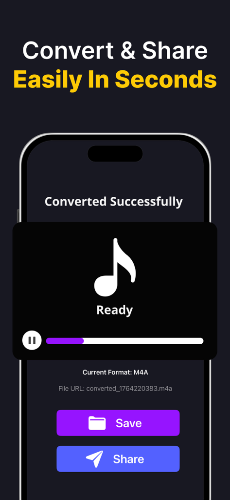 Audio Converter MP3 Converter - Mobile app interface showing a successfully converted M4A audio file with options to save and share.