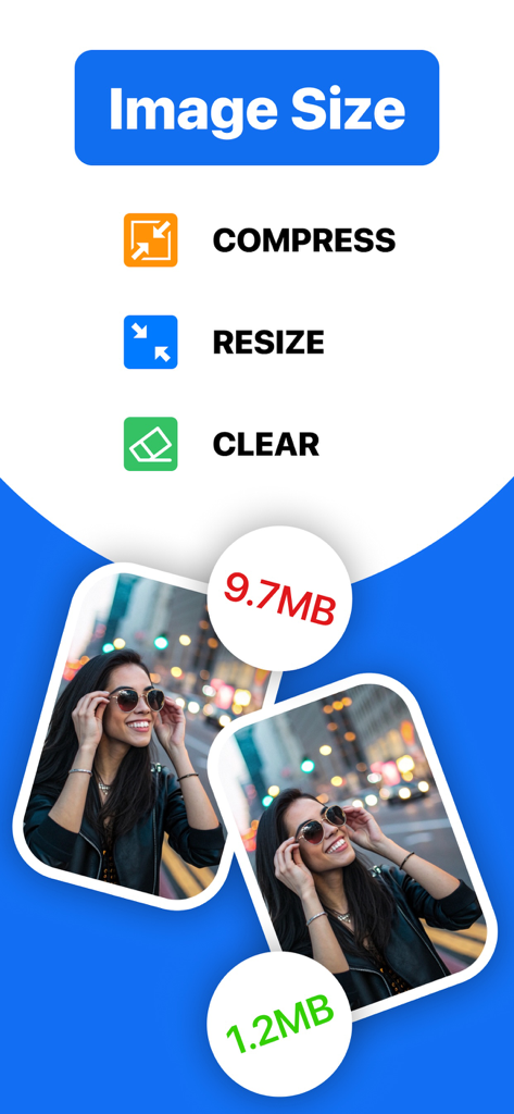 写真の圧縮結果が9.7MBから1.2MBになったモバイルアプリのインターフェース。画像を圧縮およびリサイズするオプションが表示されています。