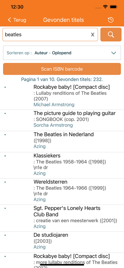 Zeeuwse Bibliotheken - A list of search results for the term beatles within the Zeeuwse Bibliotheken mobile library app showing various books and media.