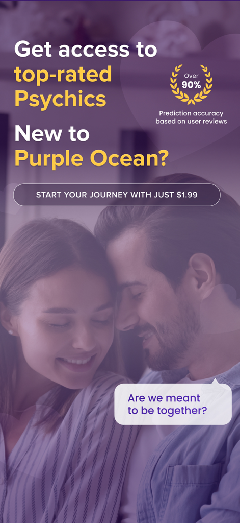 Purple Ocean Psychic Reading - Promotion for Purple Ocean psychic reading app featuring a couple and relationship advice starting at one dollar ninety nine