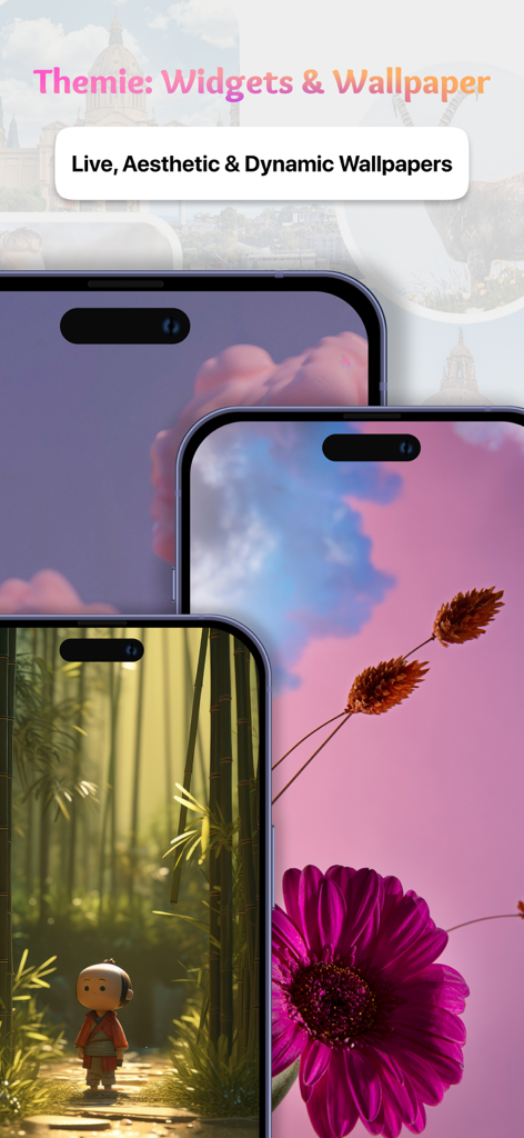 Themie: Widgets & Wallpaper - 3台のiPhone。Themieアプリからの美しいライブ壁紙とダイナミック壁紙を表示しています。