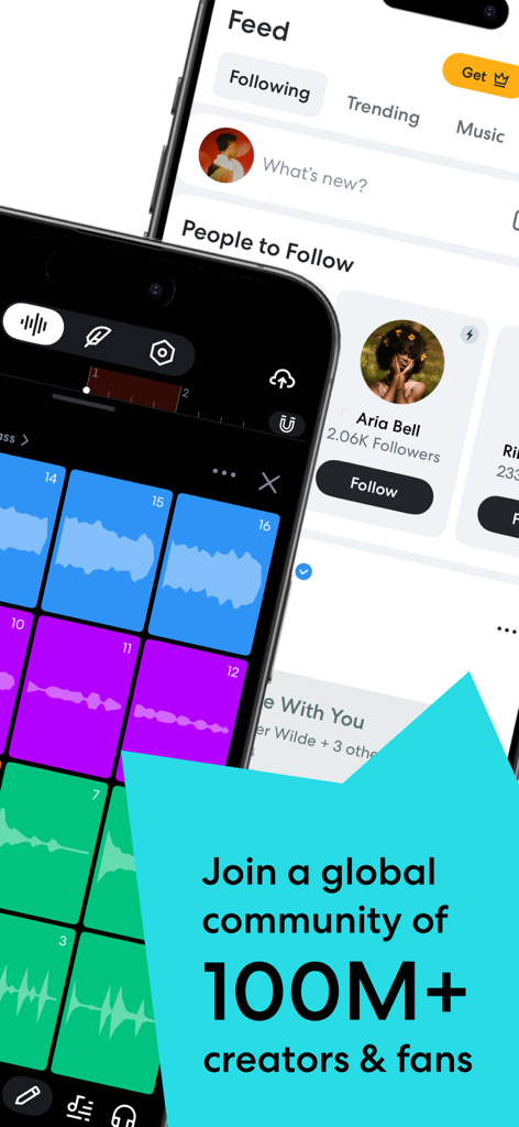 BandLab mobile App-Oberfläche mit Social-Music-Feed und bunten Musikproduktions-Loops