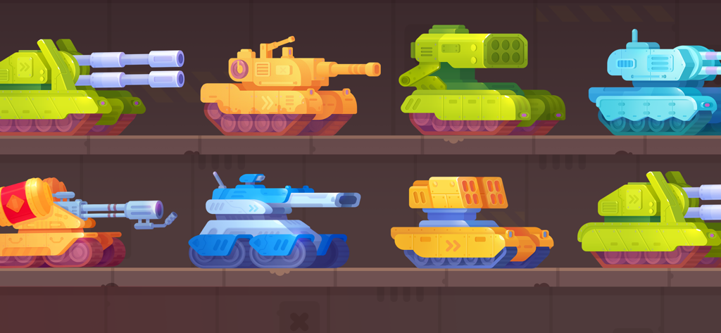 Tank Stars - Tank Starsの棚にあるカラフルで様式化された2Dバトルタンクと兵器のコレクション