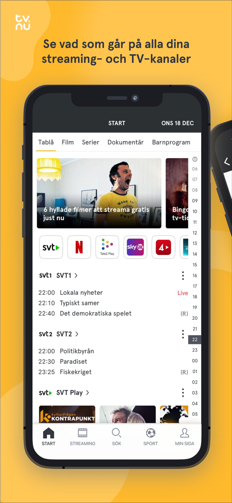 tv.nu: Streaming- & TV-guide - Captura de pantalla de la interfaz de la aplicación tv.nu mostrando horarios de la guía de TV sueca y servicios de streaming integrados