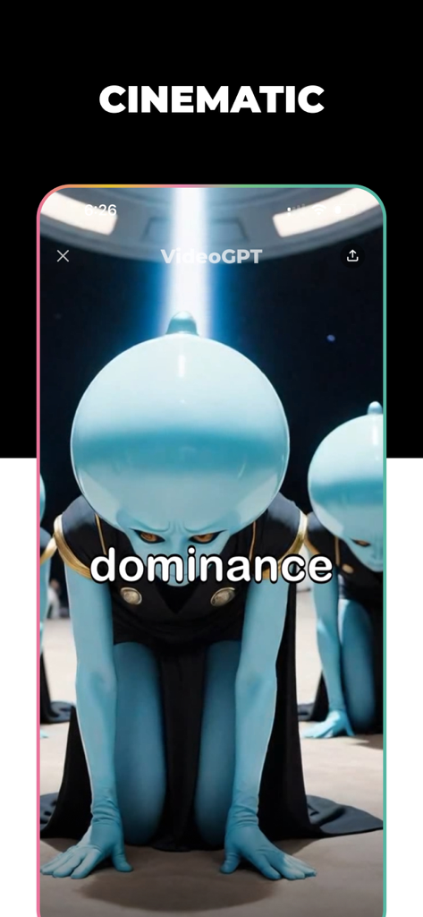 VideoGPT app showing a cinematic AI generated video of blue characters