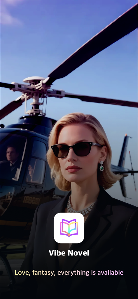 Uma mulher sofisticada de terno em frente a um helicóptero particular para uma história de romance com bilionário do VibeNovel.