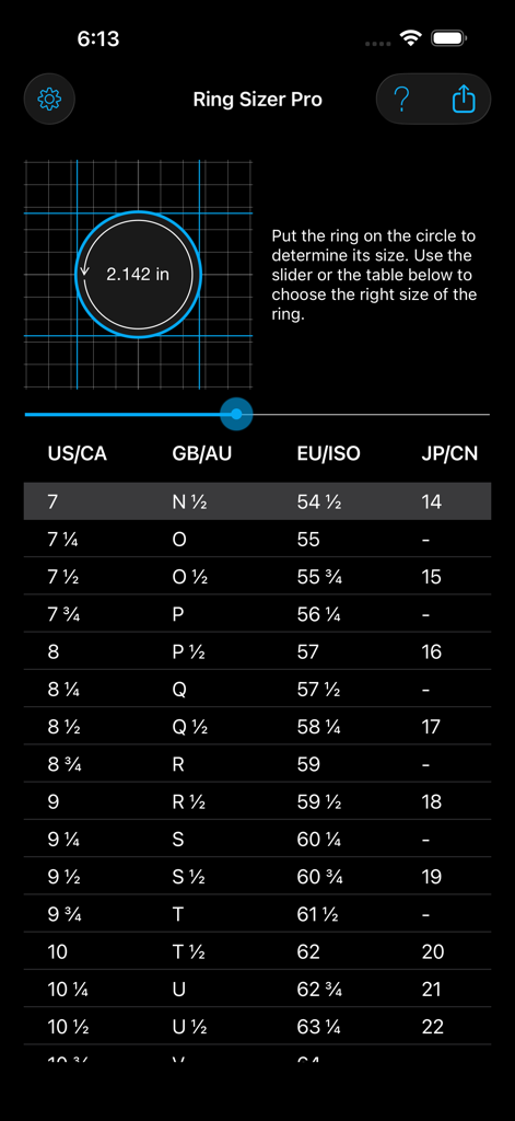 Ring Sizer Pro - Ring Sizer Pro app measurement screen with international size conversion table