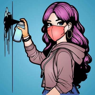 realistic girl with mask spray painting a wall