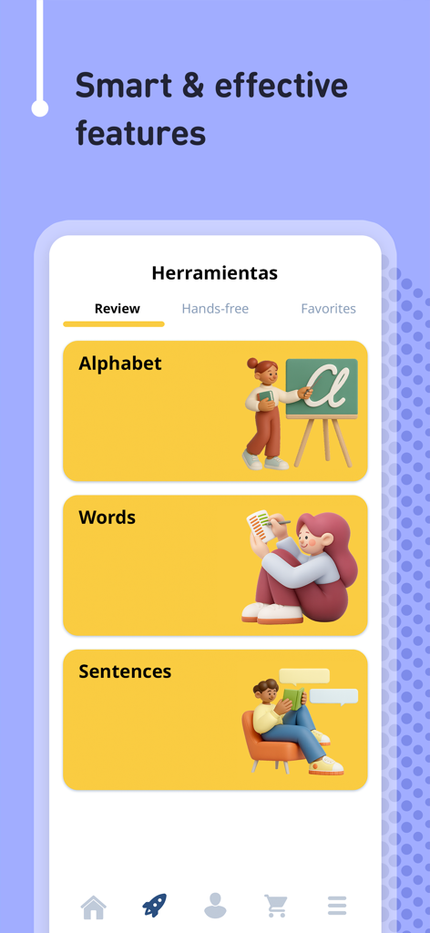 FunEasyLearn - Learn Languages - Interfaz de la app FunEasyLearn mostrando herramientas de repaso para aprender palabras del abecedario y oraciones