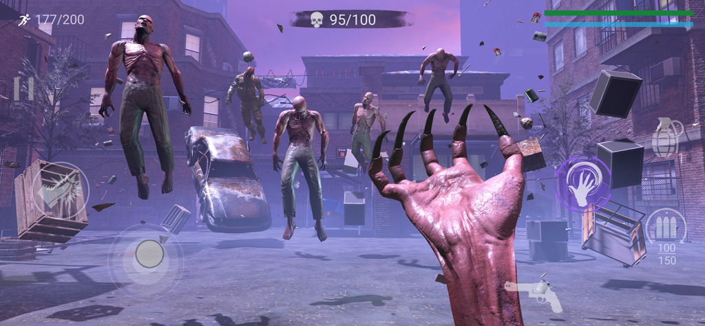 First person perspective gameplay showing a monster hand and floating zombies in an urban setting.