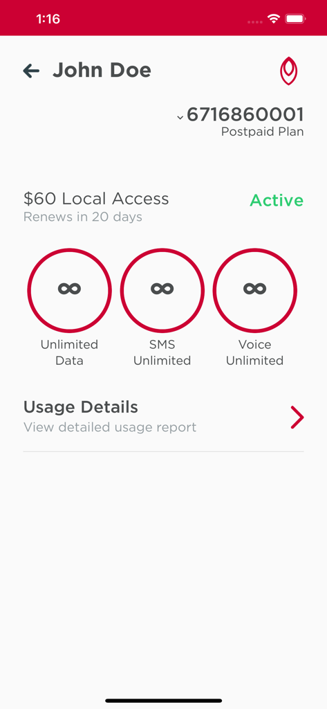 My DOCOMO PACIFIC app dashboard displaying active plan status and unlimited usage details