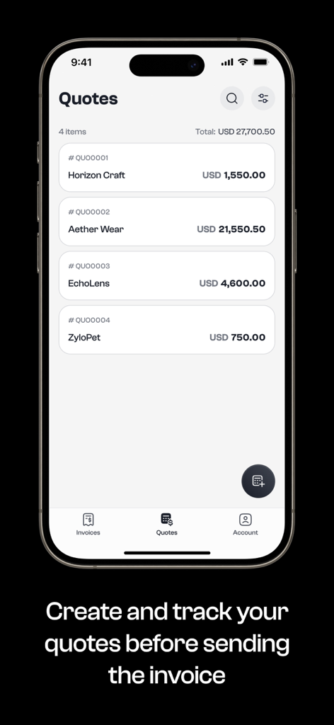 Invoice Maker: InvoEase - InvoEaseアプリのモバイルインターフェース。金額と顧客名が表示されたビジネス見積書のリストを表示。