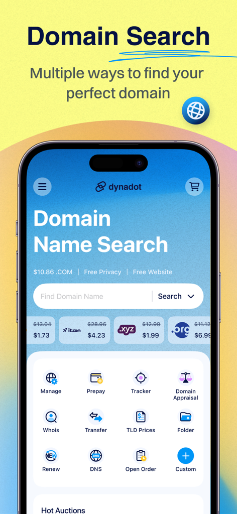 Interfaccia dell'app Dynadot che mostra la ricerca di nomi di dominio e gli strumenti di gestione