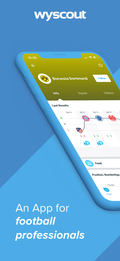 Wyscout mobile app interface for football professionals showing team profiles and match results