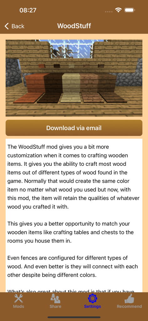 A screenshot of the WoodStuff mod description for Minecraft showing various wooden block textures and a download button