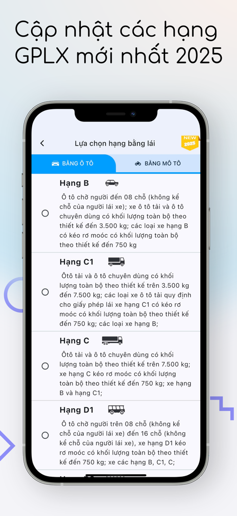 Ôn thi GPLX 2025 - Mobile screen showing various driver license categories in the On thi GPLX 2025 application