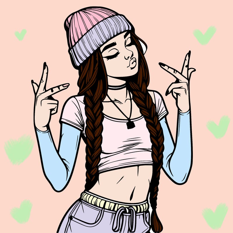 realistic teenage girl with braids and a beanie and crop top doing 🫶🏼