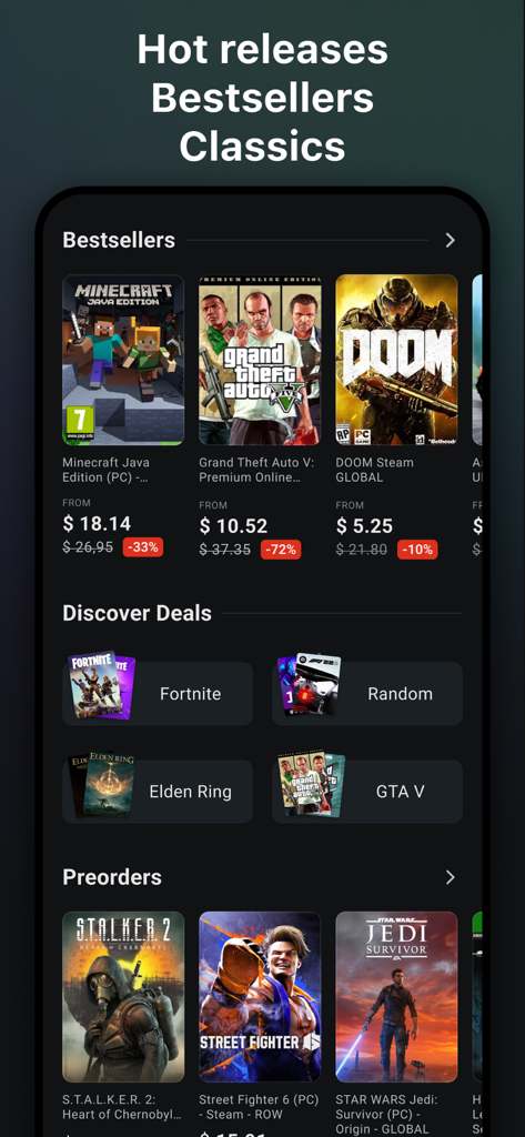 G2A Mobile App-Oberfläche mit rabattierten Spiele-Keys für Bestseller und kommende Vorbestellungen.