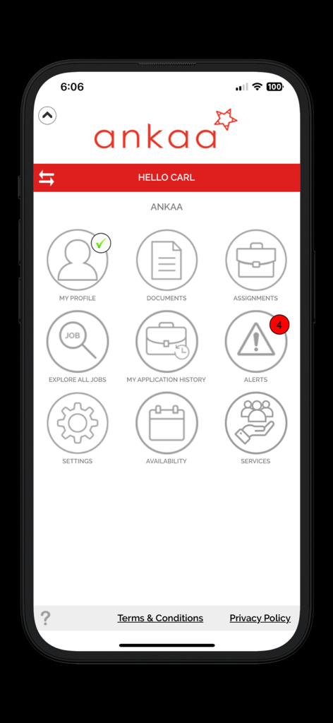 ankaa - The main dashboard of the Ankaa app showing navigation icons for maritime professional profile documents assignments jobs and alerts