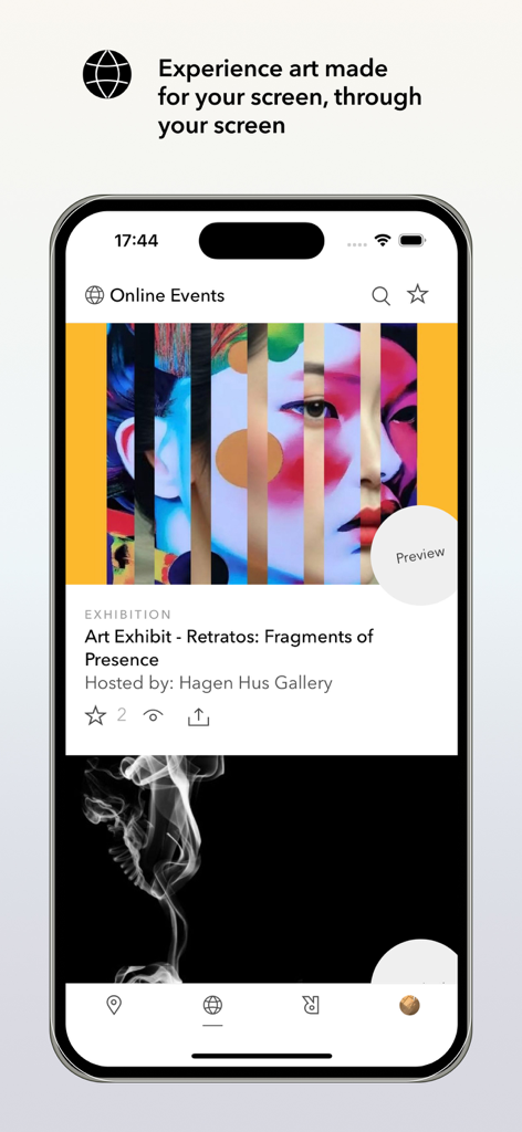 ArtRabbit - ArtRabbit mobile app interface showing a list of online art exhibitions and digital events