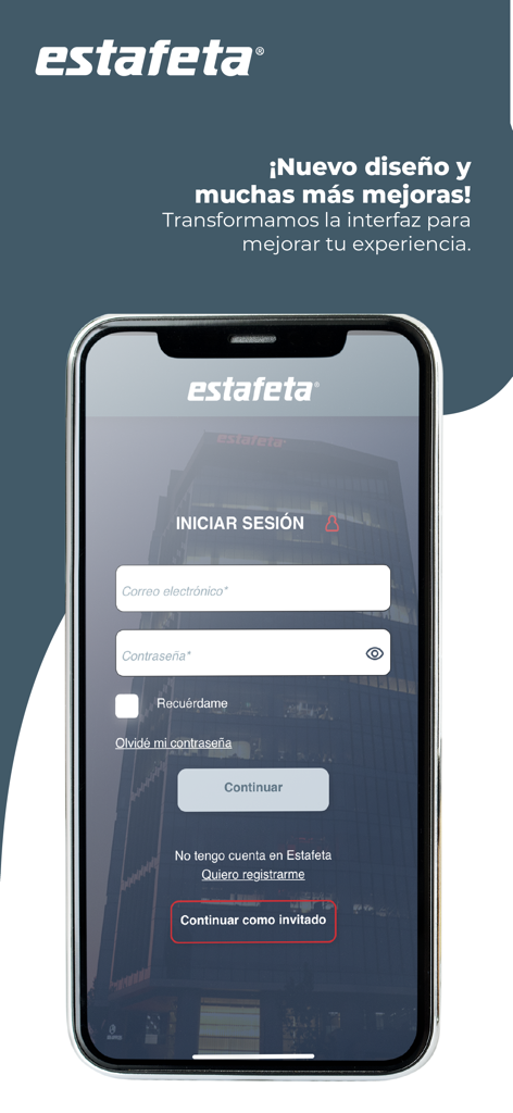 Tela de login do aplicativo Estafeta movil com campos de e-mail e senha