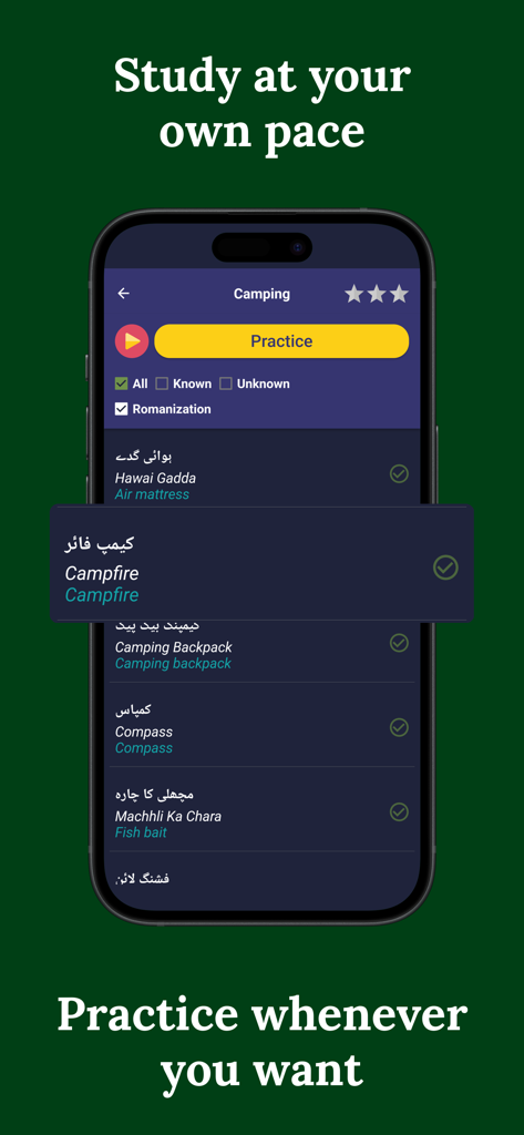 Tela de prática de vocabulário do aplicativo de aprendizado de Urdu mostrando vocabulário de acampamento e opções de prática