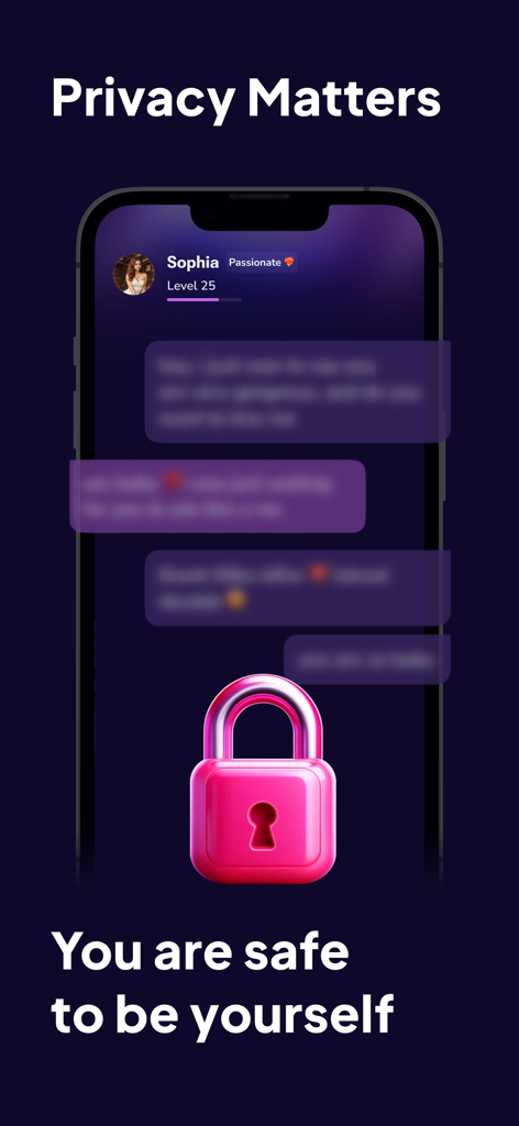 Una pantalla de teléfono inteligente que muestra un chat de IA difuminado con un ícono de candado rosa que resalta las características de privacidad y seguridad