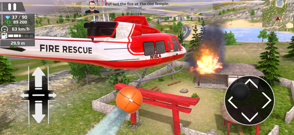 Helicopter Flying: Car Driving - A red and white fire rescue helicopter putting out a fire at a temple
