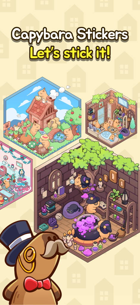 Capybara Sticker: 3D Style - Isometric cozy rooms and scenes decorated with cute 3D capybara stickers including a dapper capybara mascot.