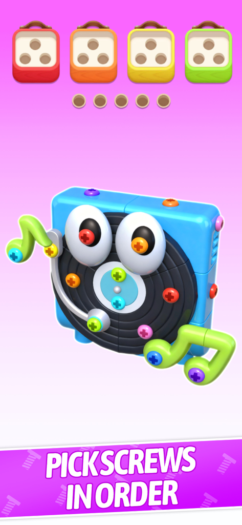 Cube Out 3D :Jam Puzzle - A 3D character cube with colorful screws and matching sorting boxes in a puzzle game