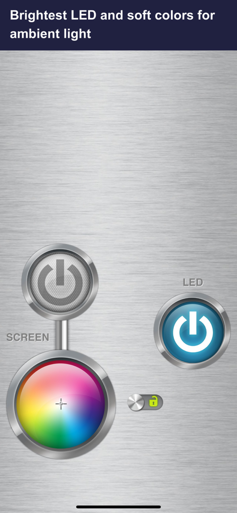 FlashLight LED HD app interface with LED and color light controls on a brushed metal background