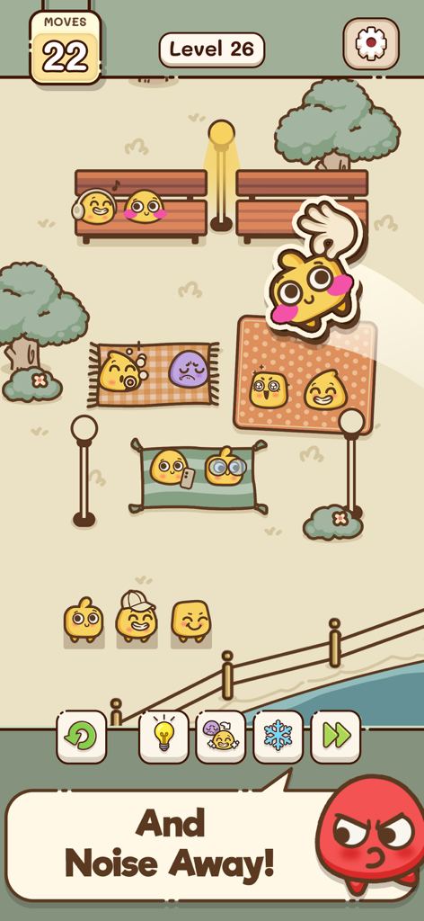 Captura de pantalla del juego ¿Dónde está mi asiento? Puzles de Lógica mostrando adorables personajes colocados en un acogedor escenario de parque