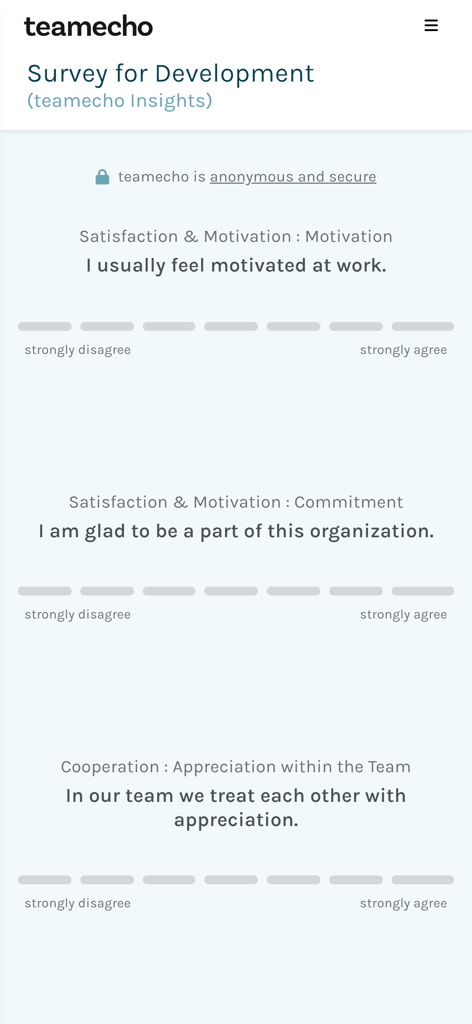 teamecho - Teamecho app interface showing anonymous employee survey questions about motivation and commitment