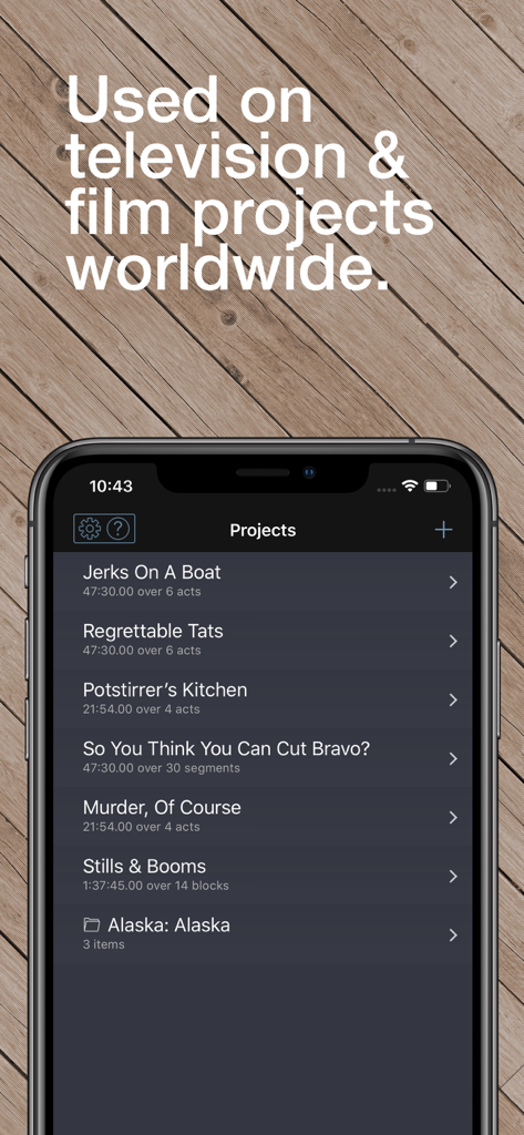 Una lista de proyectos de producción de video con duraciones y recuentos de segmentos en la aplicación Runtime