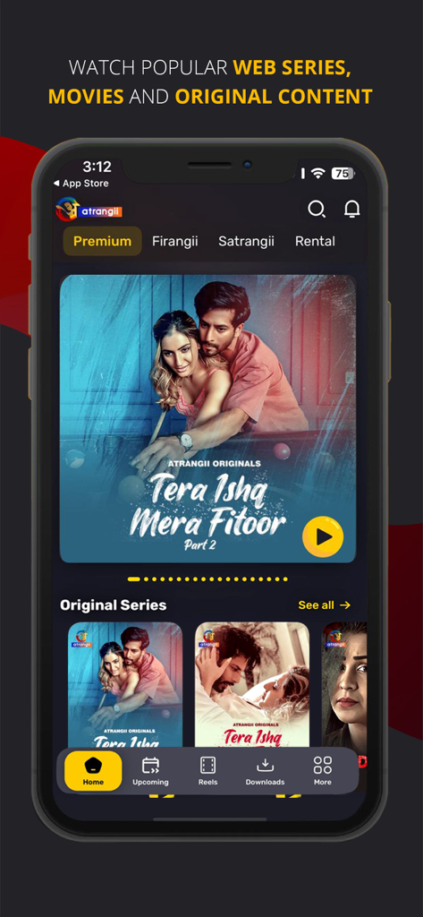 Atrangii app home screen showing original Hindi dramas and web series