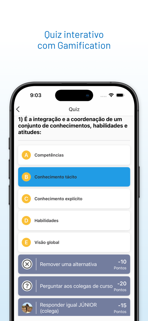 Cursos iPED - Exibição de smartphone mostrando um quiz educacional interativo com recursos de gamificação no aplicativo Cursos iPED.