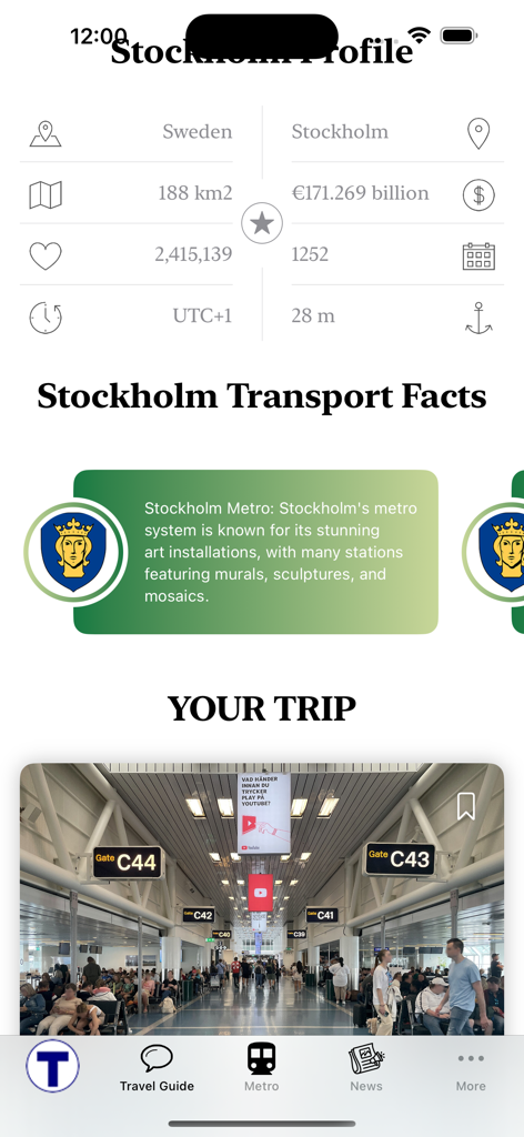 Stockholm Subway Map - Stockholm Subway Map app screen showing Stockholm city statistics and transport facts for travelers