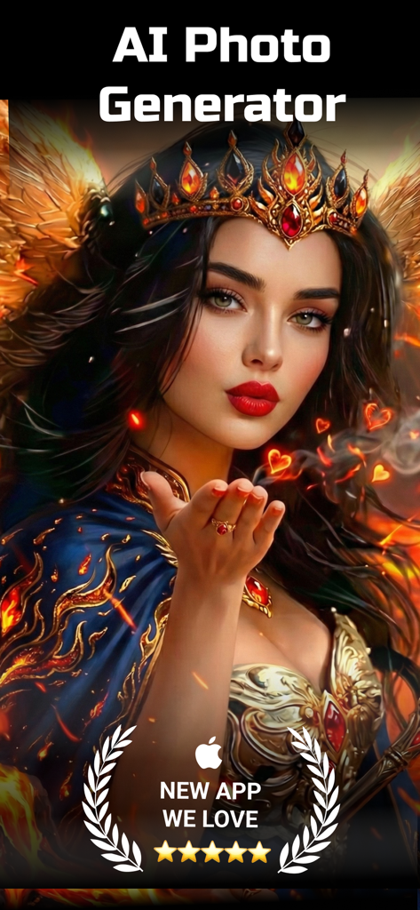 AI Image Generator + Creator - AI photo generator interface showing a fantasy portrait of a woman with a crown and fire hearts