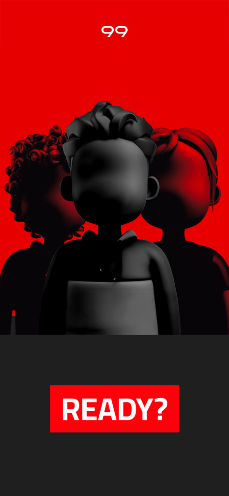 9ayad X Na9ab | نصاب x صياد - Three silhouetted avatars on a red background with a large red Ready button for the 9ayad X Na9ab social deduction game